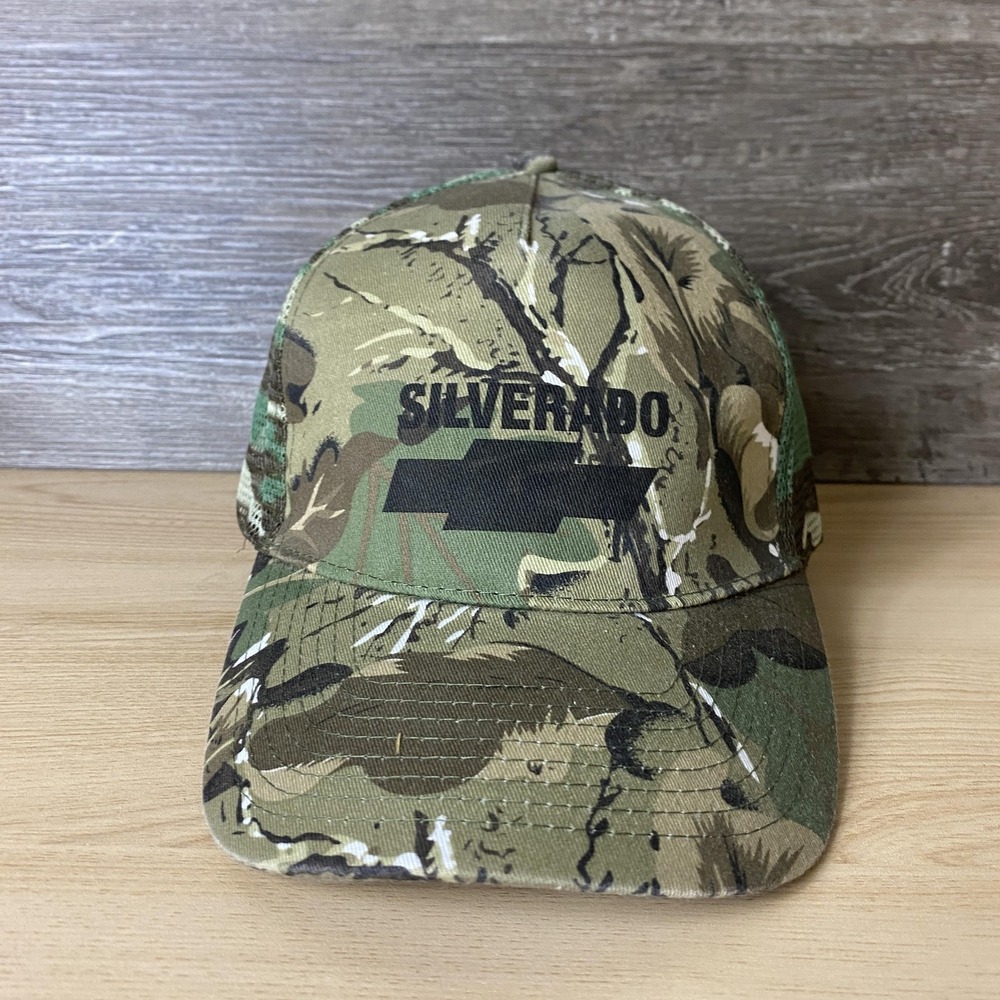 Vintage Chevrolet Silverado Hat Cap Snap Back Camo Mesh Trucker Green Camouflage